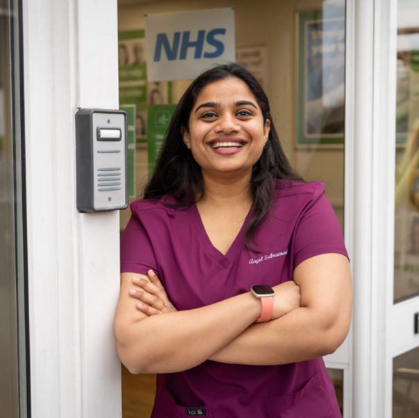Angel Subramanium, dental therapist, in front of her surgery